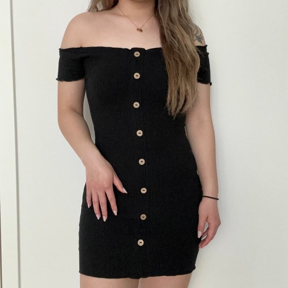 Black off shoulder ribbed stretchy button lettuce trim ruffle bodycon mini dress
